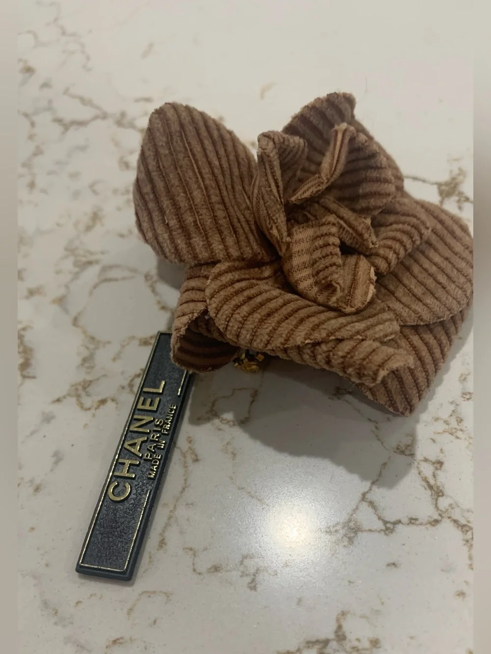 Rare CHANEL Brown Corduroy Camellia BROOCH